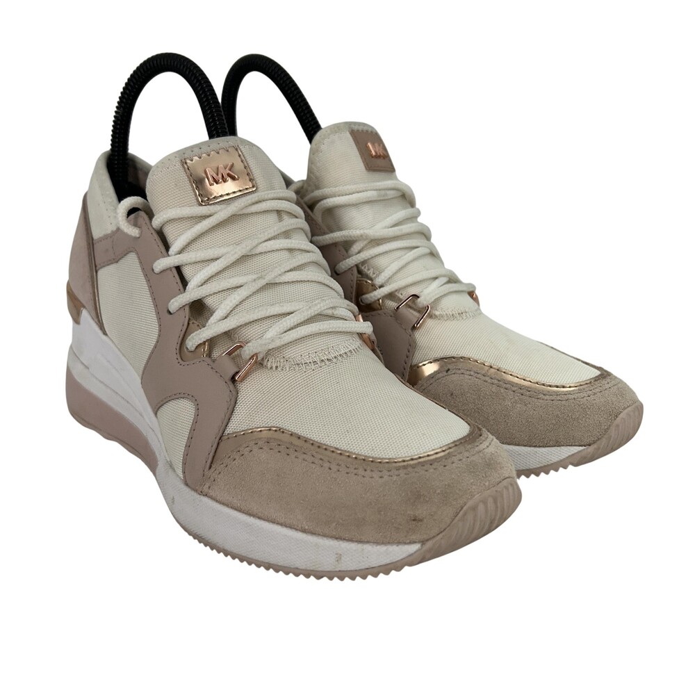 Michael Kors Shoes Womens Size 7.5 Beige Canvas Wedge Sneakers Rose Gold Trim